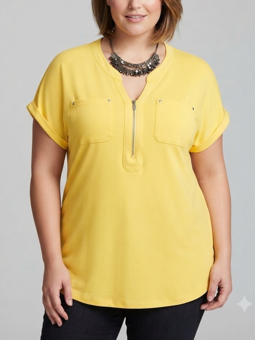 😍CLEARANCE - LILY MORGAN Yellow Zip Front Short Sleeve Top XL